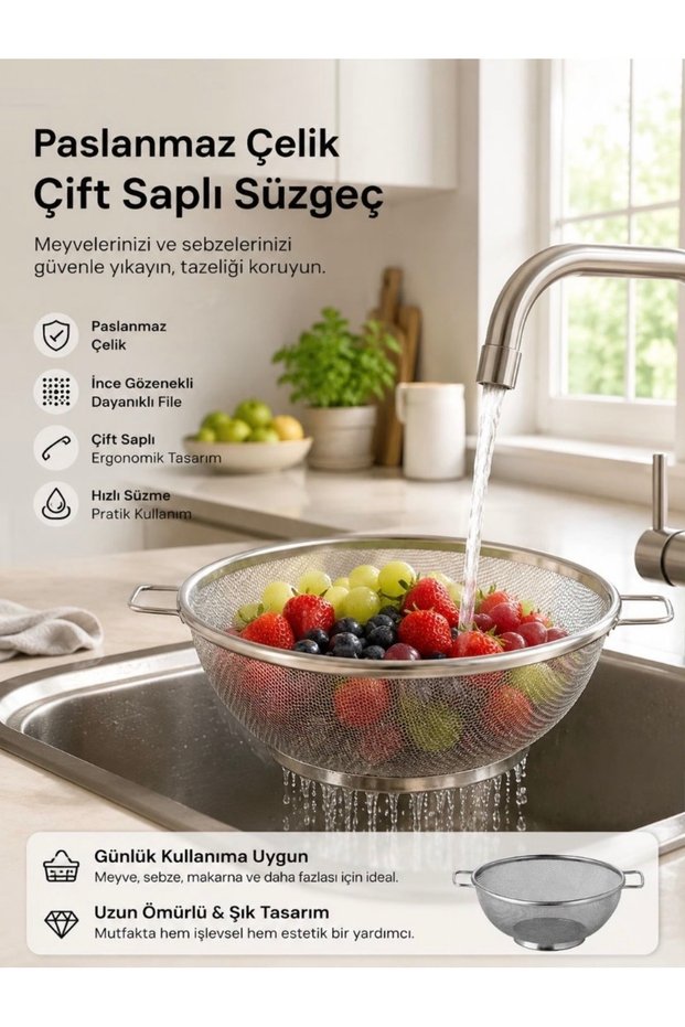 Stainless Steel Strainer with Handle Pasta Strainer Fruit and Vegetable Washing Colander 24 cm