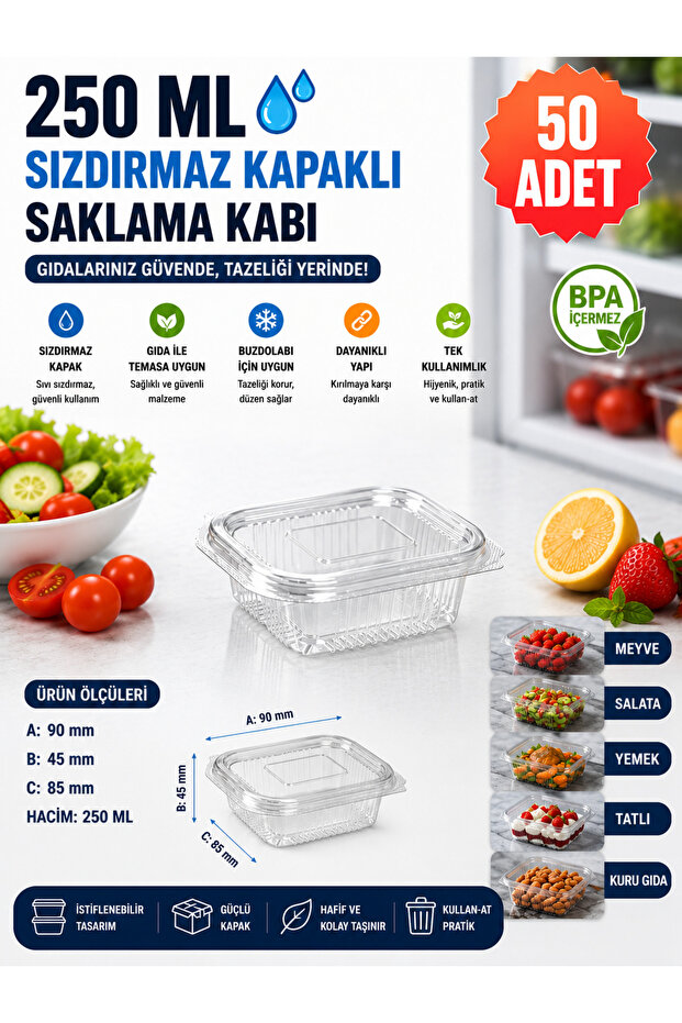 Disposable Storage Container with Plastic Lid Leak Proof Container 250 ml 50 Pieces