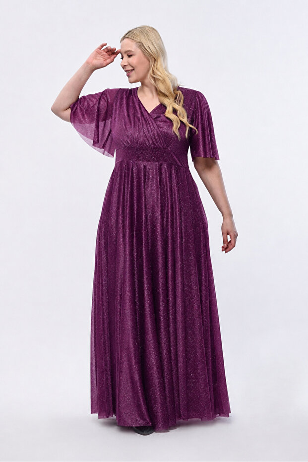 Işıltı Plus Size Glittery Tulle Stretchy Double-Breasted Collar Ruffle Sleeve Long Plus Size Chic Evening Dress 3051