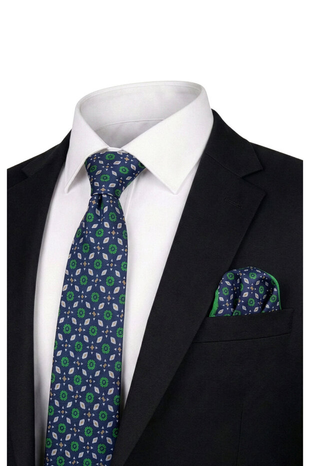 Navy Blue Patterned Silk Tie Set - 1