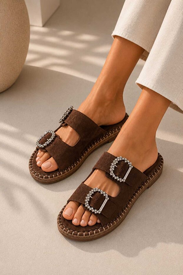 Stone-Detail Suede Brown Slippers