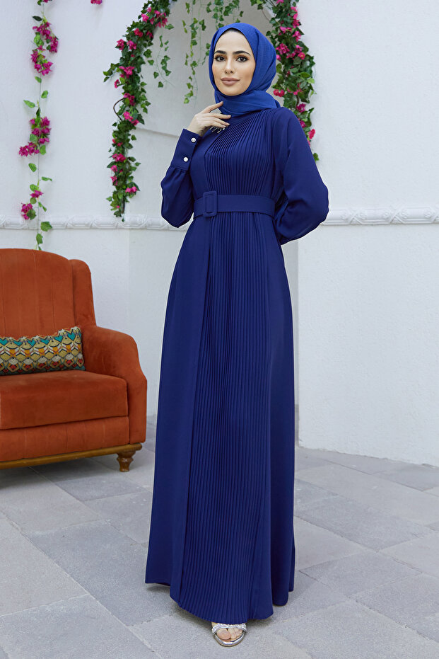Rochie plisată cu curea - Indigo - 2