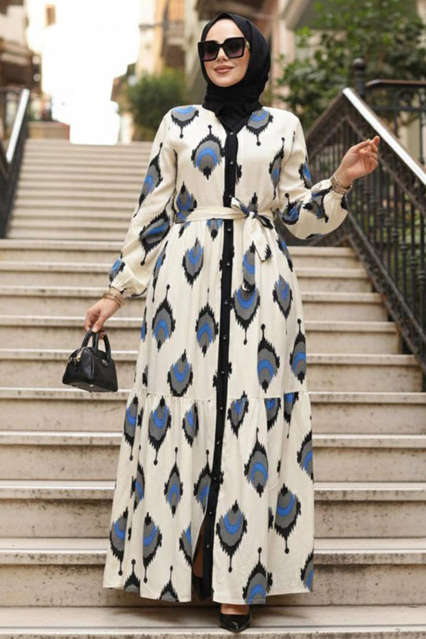 Patterned Black Hijab Dress 23926S