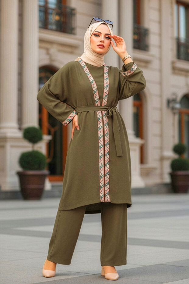 Kimono Khaki Hijab Three Piece Set 51910Hk