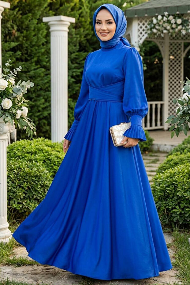 Sax Blue Hijab Satin Evening Dress 5983SX