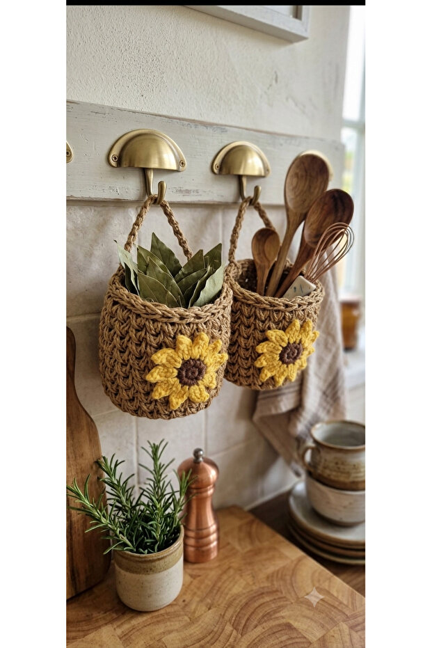 Hand-Knitted Sunflower Paper Rope Wicker Basket Set of 2 - Multi-Purpose Decorative Organizer