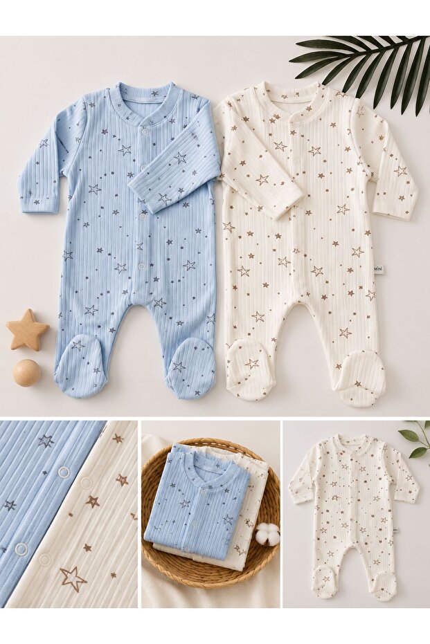 Blue and Ecru Star Jumpsuit 100% Cotton 2-Piece Jumpsuit with Booties