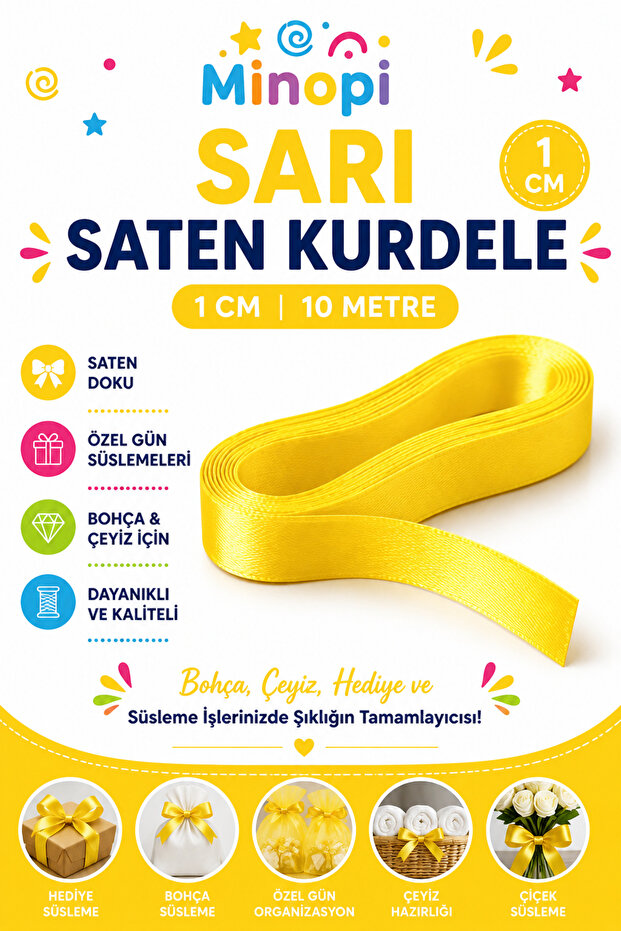 Yellow Satin Ribbon 1 cm 10 Meters, Bundle Dowry Special Day Gift Decoration Ribbon
