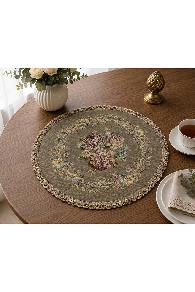 Royal Bouquet Goblen Fiskos Cover – 40 cm Round Decorative Coffee Table Cover