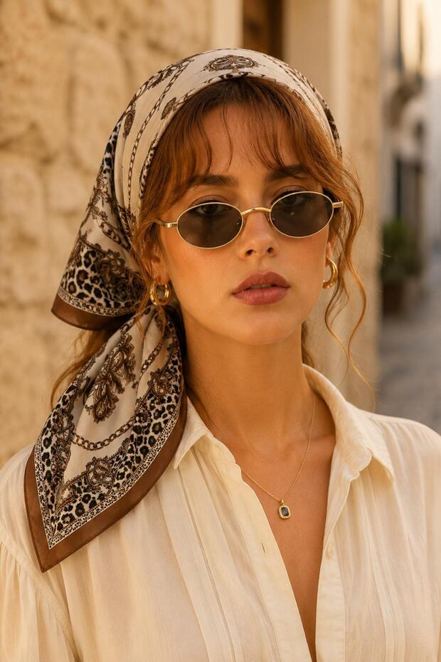 وشاح باندانا ناعم بنمط سلسلة الفهد باللون البني والبيج مقاس 50x50 سم