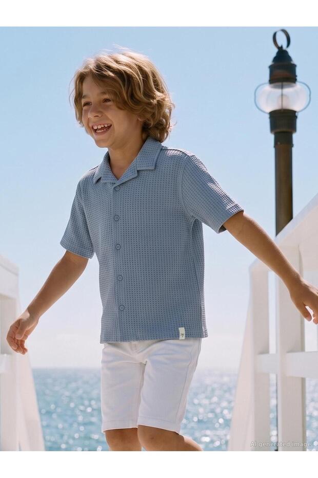 Basic Waffle Shirt for Ages 6-9 - Blue