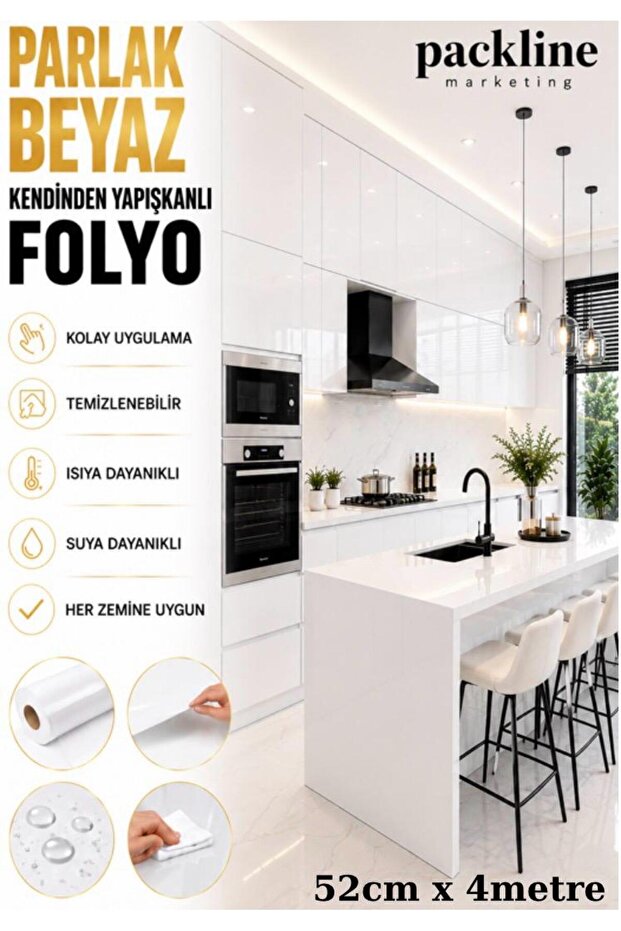 Glossy White Adhesive Foil Kitchen Cabinet and Furniture Covering Foil 52cm X 4Mt