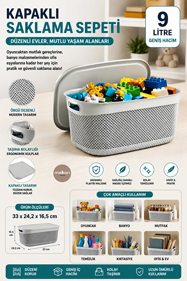 Basket with Lid Toy Basket Storage Box 9 Liters