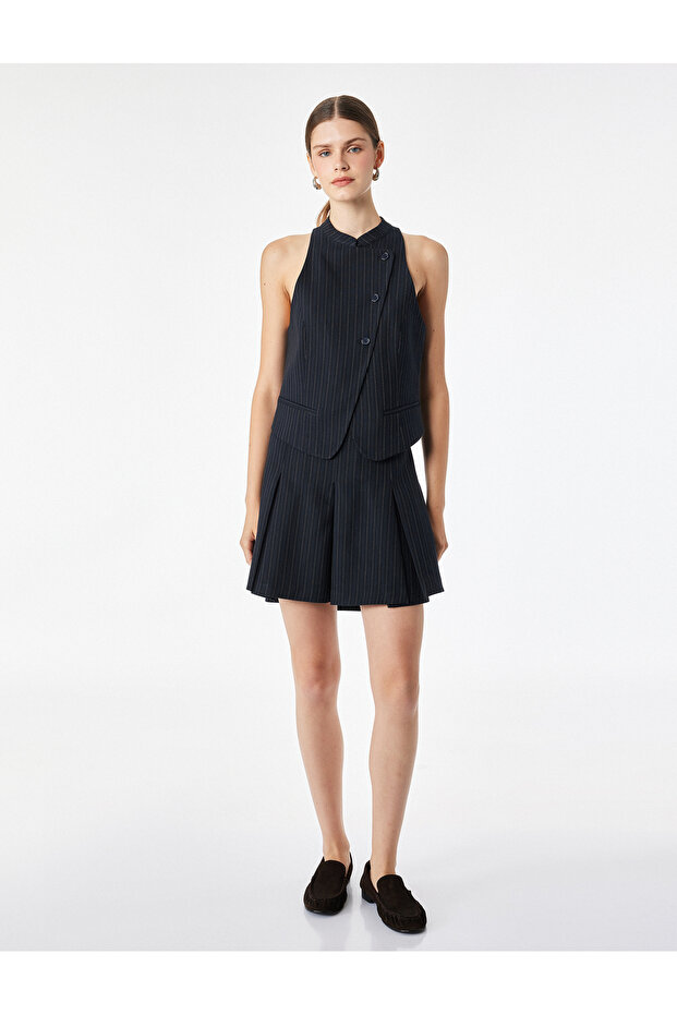 Asymmetrical Cut Buttoned Sleeveless Vest with Pocket Detail and Striped Collar