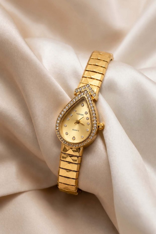 Verogin Champagne Gold Yellow Dial – Elegant Women's Wristwatch with Stone Embellishments and Gold Dial in Drop Design