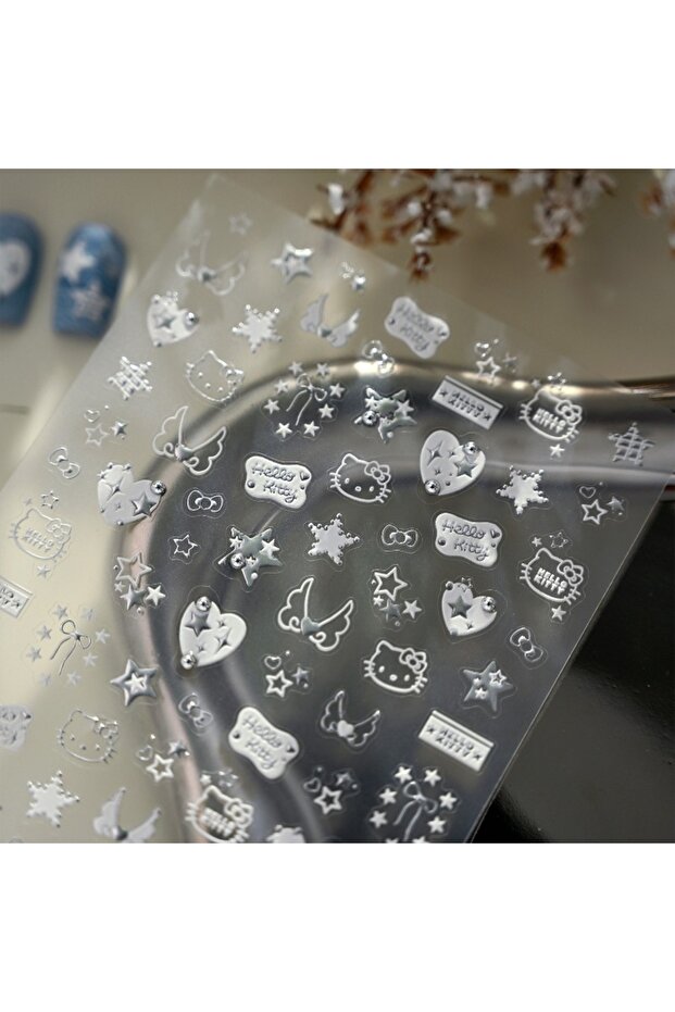 3pcs Hello Kitty Nail Art Stickers Self-Adhesive DIY Nail Decals with Hearts, Wings & Bowknots for W