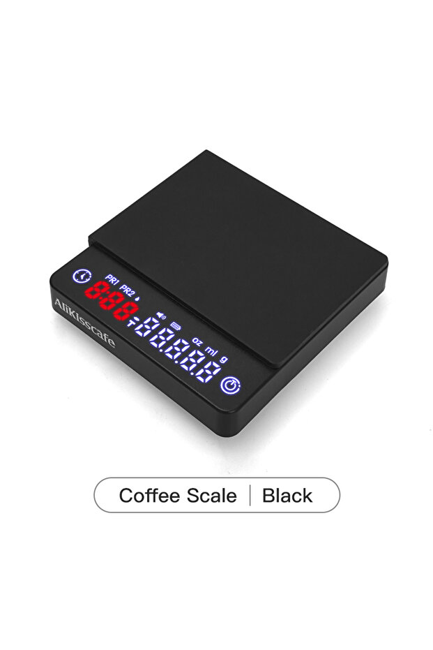 ميزان إسبرسو رقمي صغير أسود من AliKisscafe بسعة 2 كجم مع مؤقت ومنفذ USB ودقة إلكترونية محمولة بسعة 3 كجم