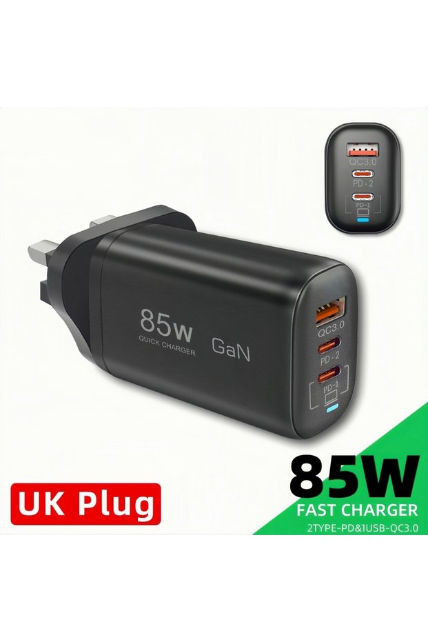 UK Real 85W GaN Type C Charger USB QC3.0 For Laptop Ipad PPS PD 65W Fast Charge For Samsung Xiaomi i