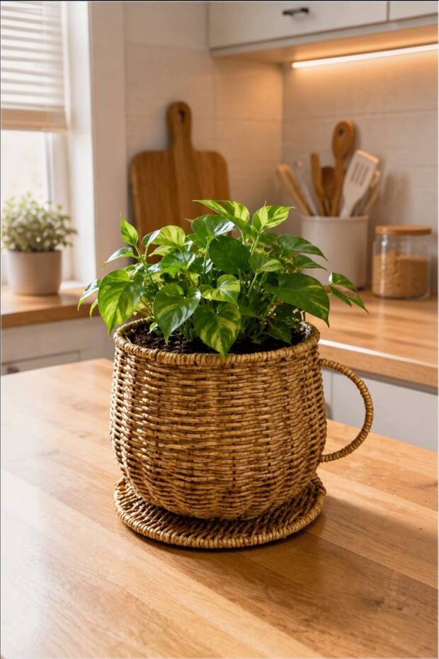 Favorite Rattan Cup Model Flower Pot Basket with Inner Bag Large Size Flower Pot Wicker Decorative Basket Organizer