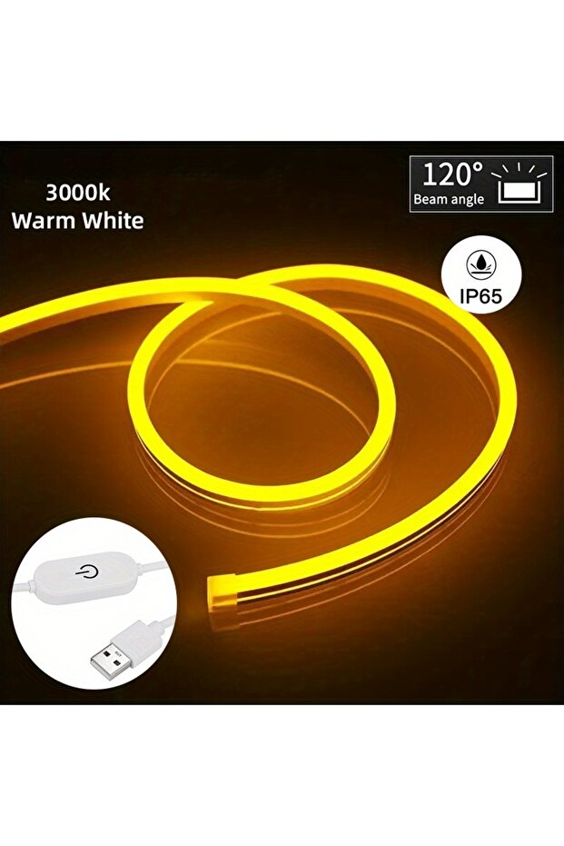 شريط إضاءة نيون LED أبيض دافئ بطول 2 متر، يعمل بمنفذ USB وجهد 5 فولت تيار مستمر، قابل للتعتيم، مزود بمفتاح لمس، مصنوع من السيليكون المرن.