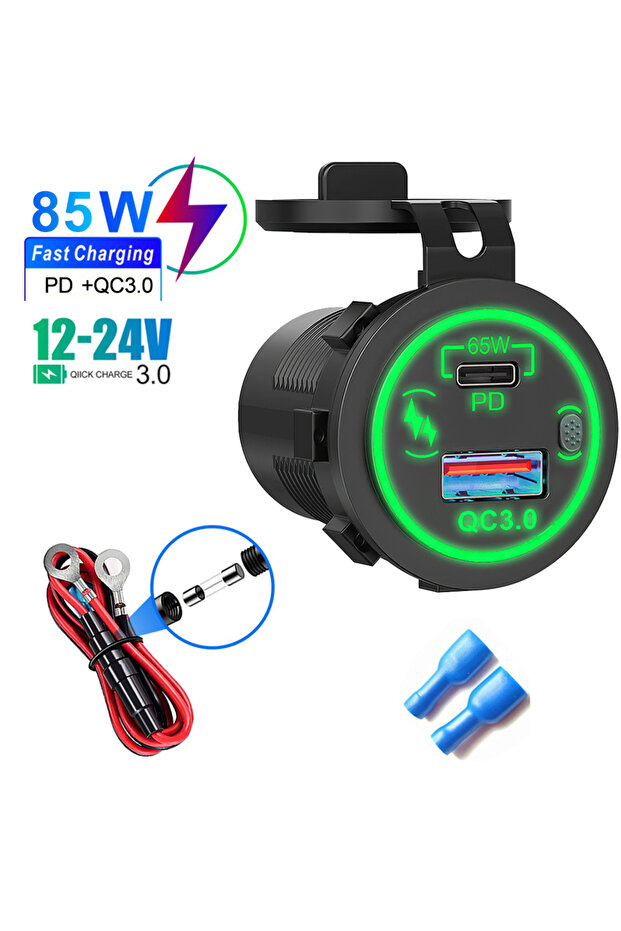 شاحن سيارة أخضر بخطوط تصميمية 85 واط بتقنية PD Type C/QC 3.0 USB مع مفتاح، مقبس شحن سريع ومنفذ طاقة