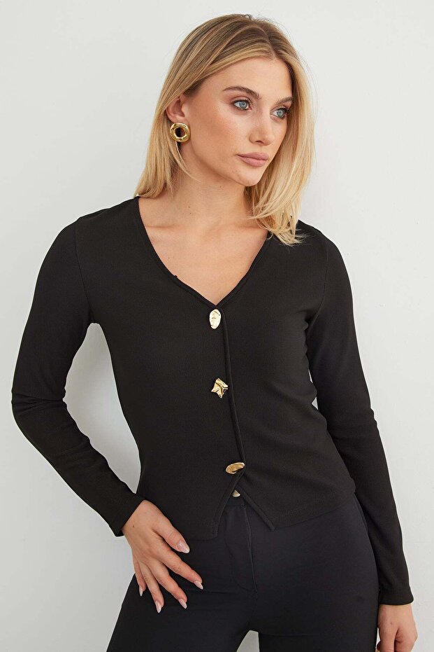 V-Neck Blouse with Metal Accessories