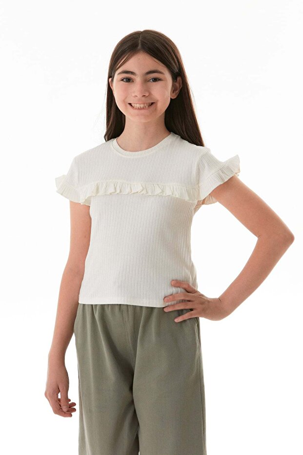 Ribbed Front Ruffled Lycra Girl's Bodysuit