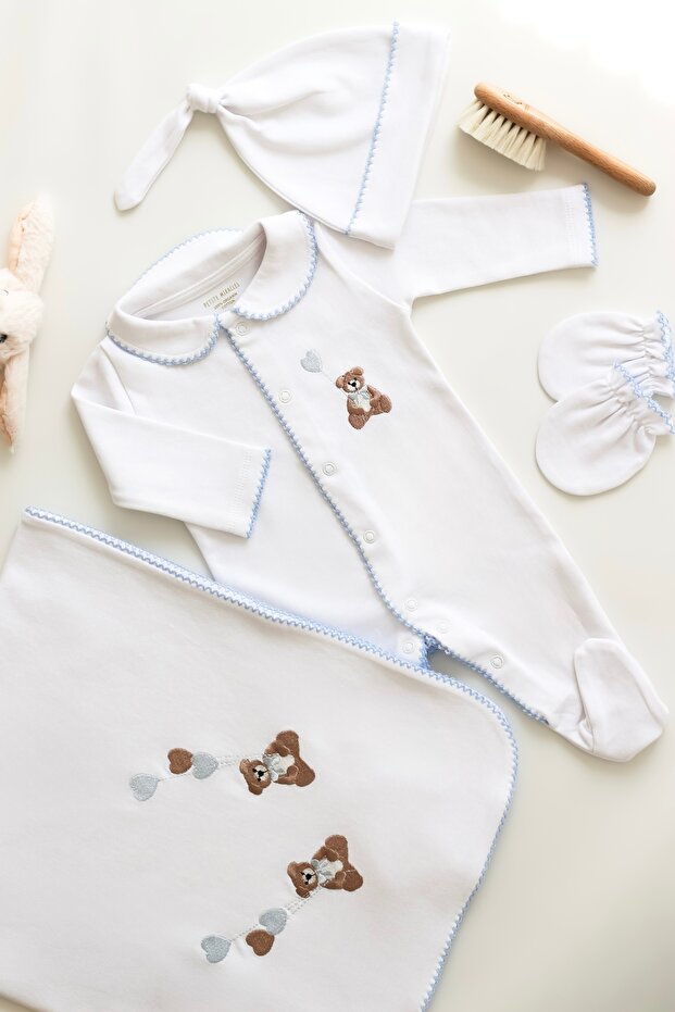 Blue Teddy Bear Embroidered 4-Piece Newborn Set, Gift Hospital Discharge Set, 100% Cotton – 0-3 Months