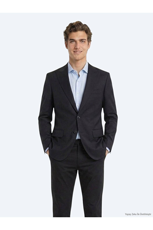 Navy Blue Straight Modern Fit Wool Blended Suit