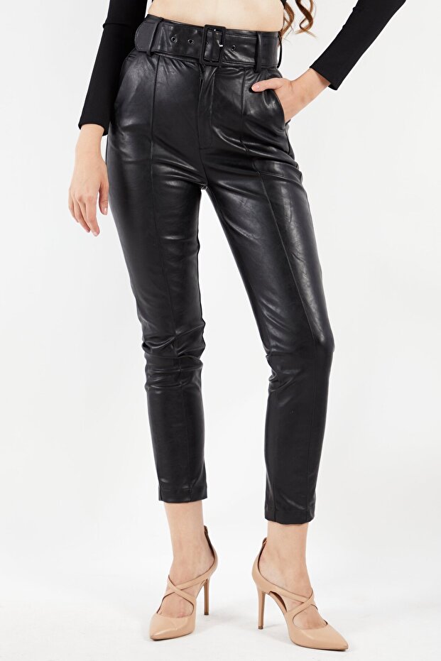 Women Solid Leather Belted Pants, Black