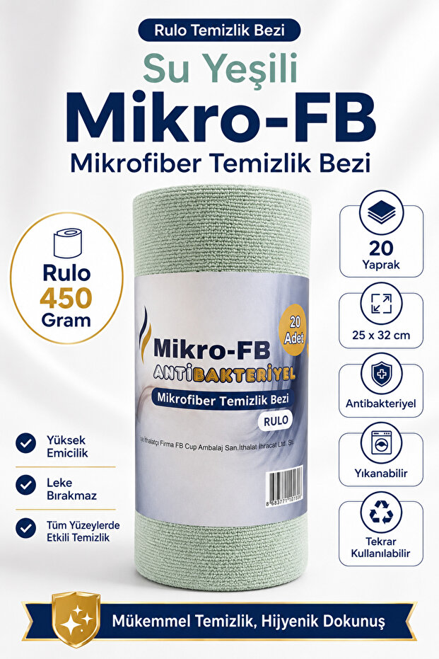 (Roll of 20) Micro-Fb Multi-Purpose 100% Microfiber Cleaning Cloth 25X32 Kopart Kullan Su Yeşil 1 Roll 450 Grams