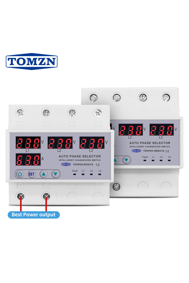 محدد الطور 100A من TOMZN، 100A 63A، 3 فاز 3P+N، محدد طور قابل للتعديل لقضبان DIN، مع حماية من زيادة ونقصان الجهد.