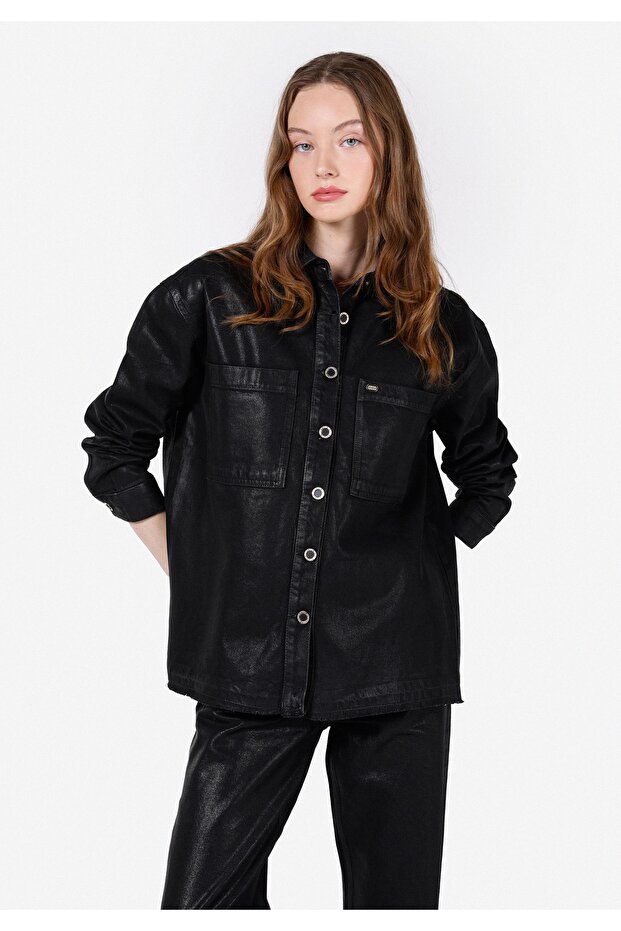 Oversized Fit Classic Collar Women's Black Long Sleeve Shirt