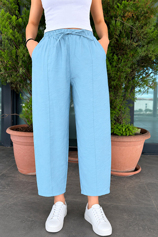 Women's Blue Woven Carrot Pants with Elastic Waist