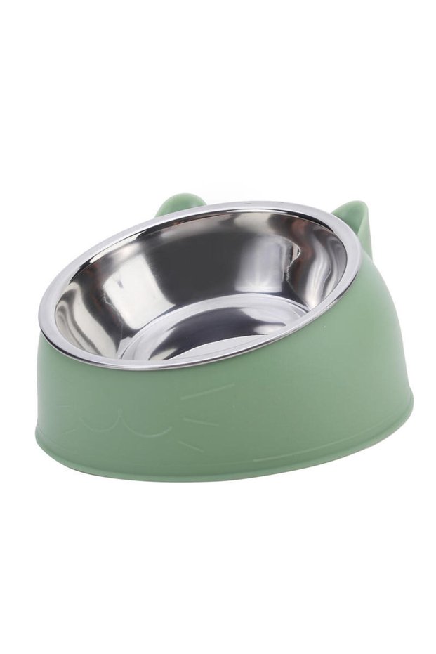 Green 2pcs 1/2/5pcs Cat Bowl Creative Inclined Kitten Puppy Food Feeding Bowls Stainless Steel Cats