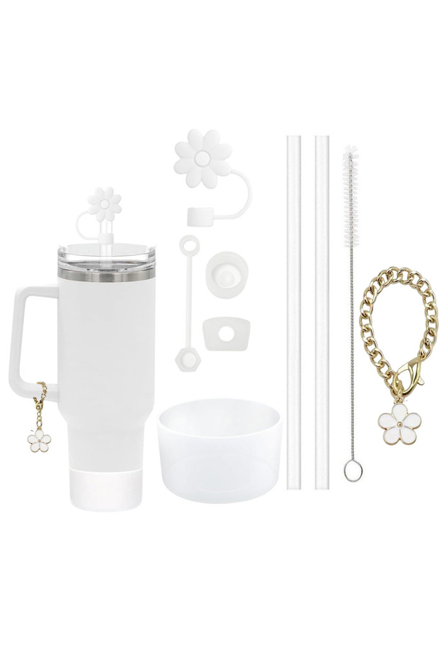 white 9pcs Accessories Set 3 Spill Proof Stopper Flowers Straw Cover Boot 2 Straw and Brush and 1 Fl