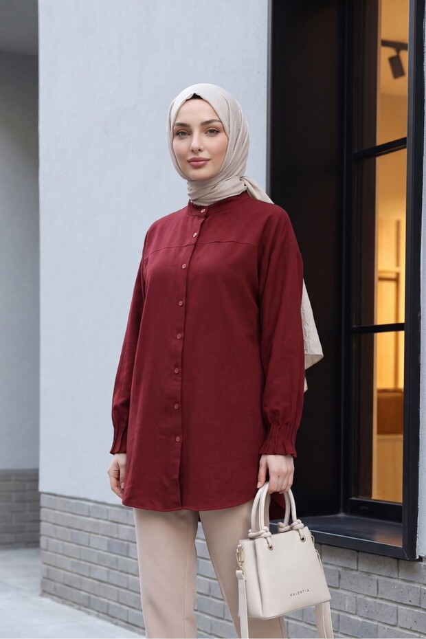 Draped Cuff Oval Cut Shirt - Burgundy