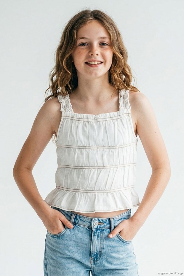 Girl's T-Shirt with Straps and Rubber Detail, Ages 6-12, Ecru