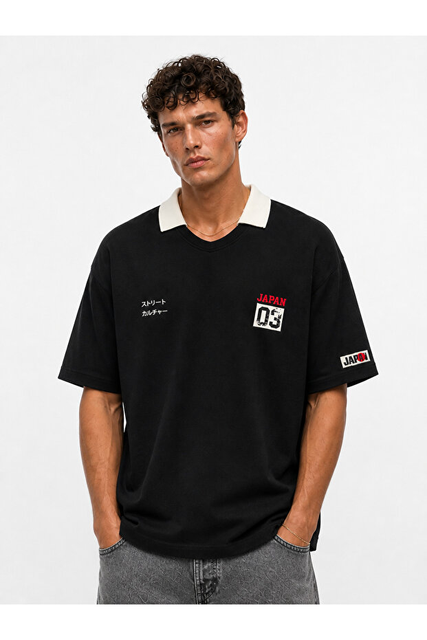 Men's Collar Detailed Oversize T-Shirt Black