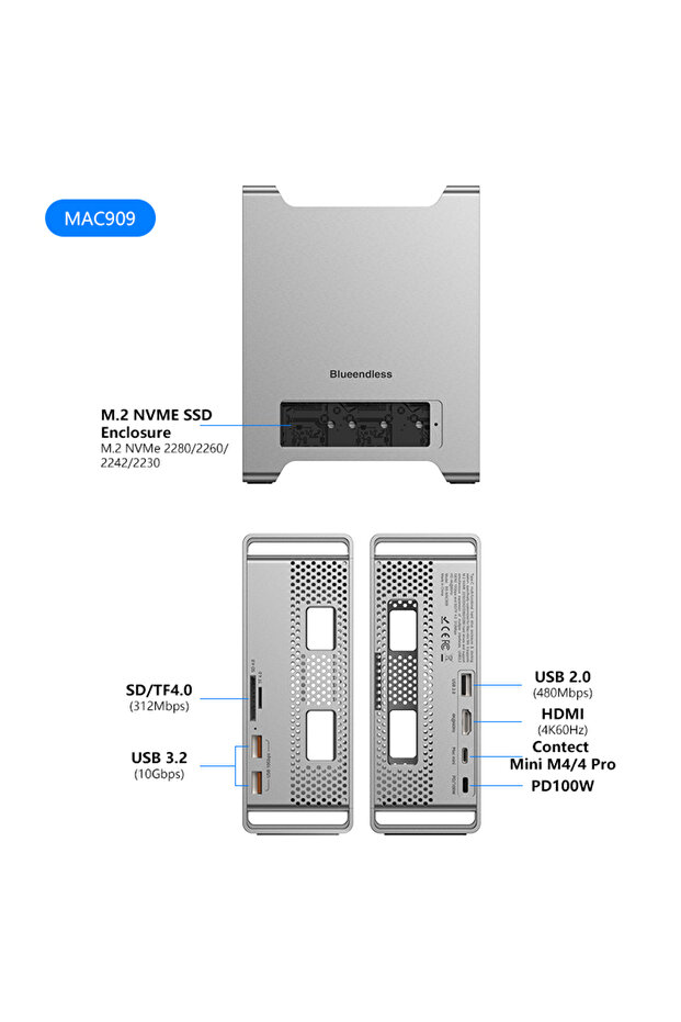 قاعدة توصيل MAC 909 Blueendless SSD لأجهزة MAC Mini M4/M4 Pro لعام 2024 مع حاوية M.2 NVMe SSD ودعم 4K/60Hz