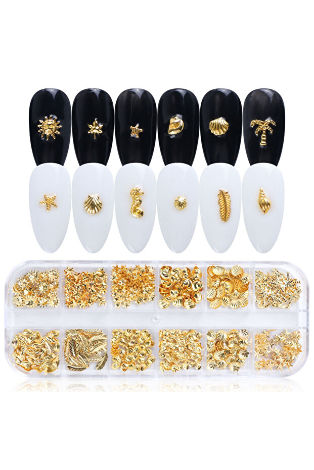 772-25 12 Grids Gold Nail Art Alloy Studs Seaside 3D Decorations Sea Shell Star Nail Charm Metal Fra