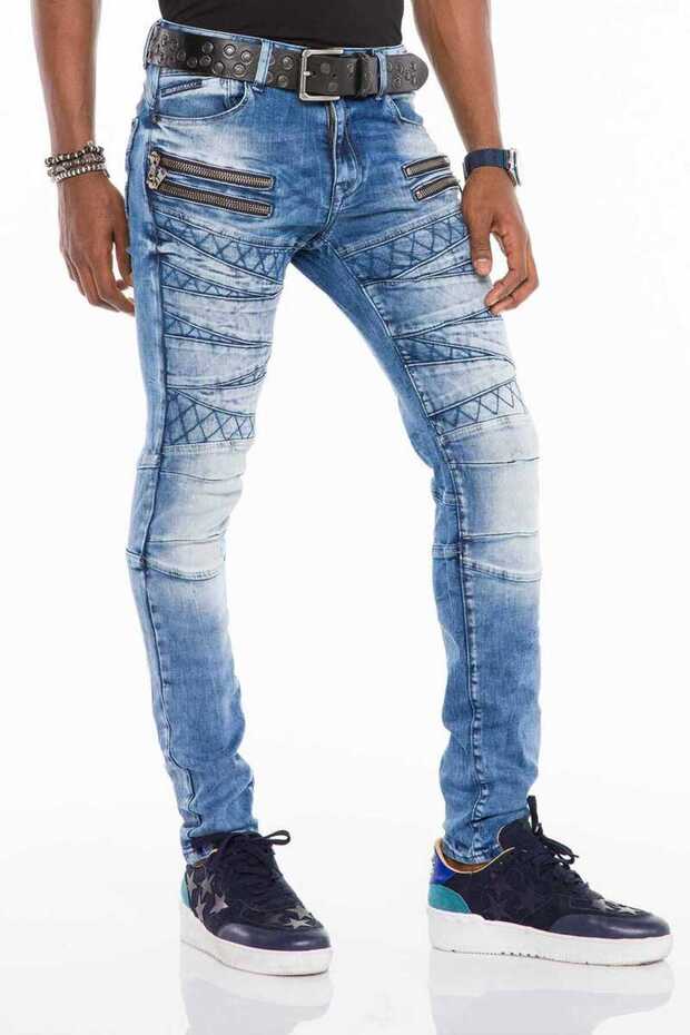 Cd505 patterned stitched skinny fit blue men's jean pants