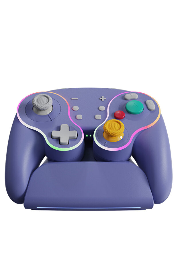 وحدة تحكم لاسلكية LinYuvo باللون الأرجواني مع إضاءة RGB متعددة الألوان لجهاز Switch Pro مع قاعدة شحن سريعة KS