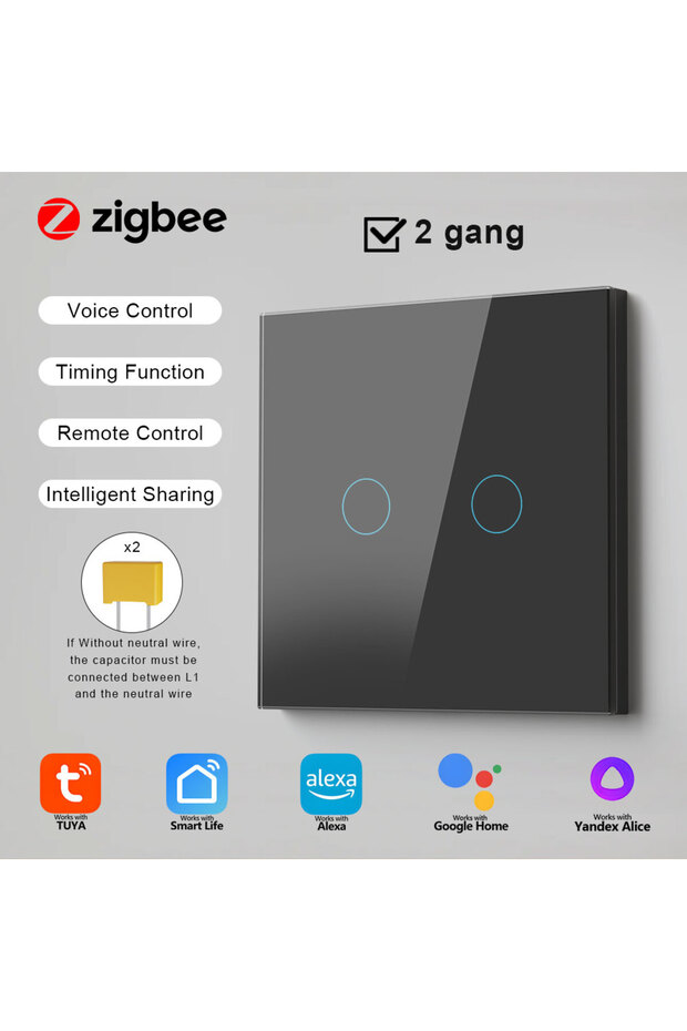 1011ZC-BLACK-02 Zigbee 1/2/3-Gang Tuya Smart Touch Light European Switch No Neutral Wire Needed Smar