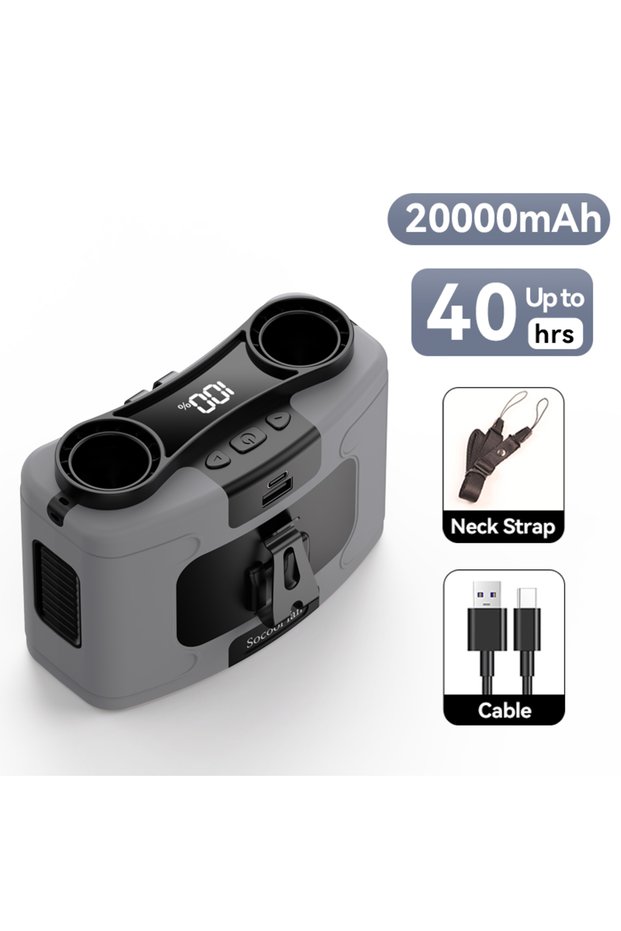 Gray Socool 20000mAh Portable Waist Fan Dual Air Outlet 10 Gear Speeds Outdoor Personal Hanging Neck