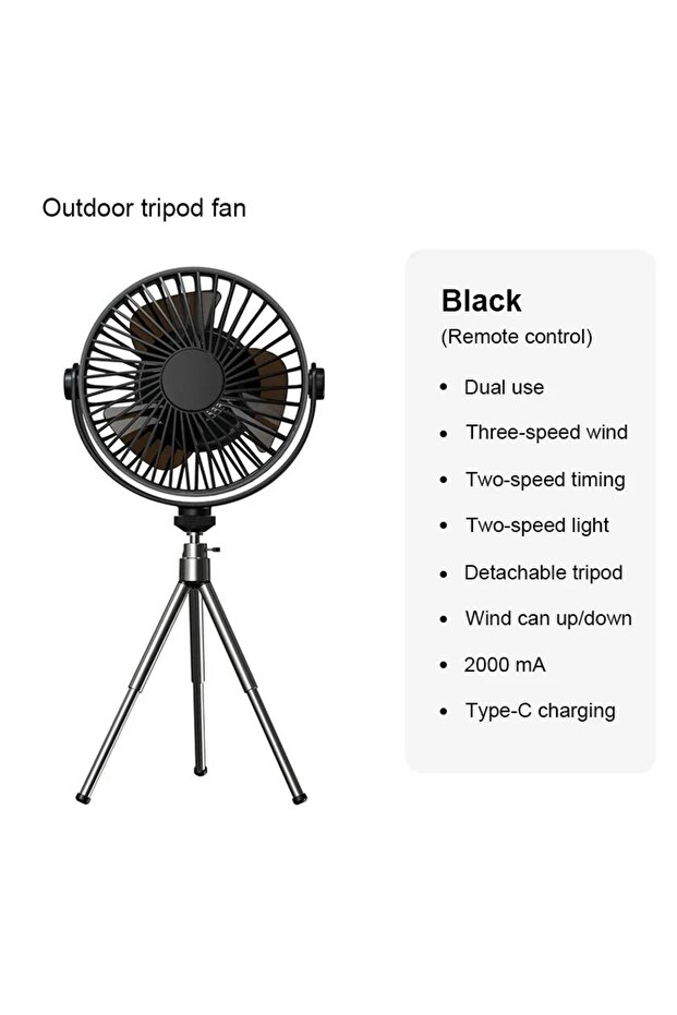 Black Tripod Stand Desk Air Cooling Blower Rotation Camping Ceiling Fan With Night Light Outdoor USB