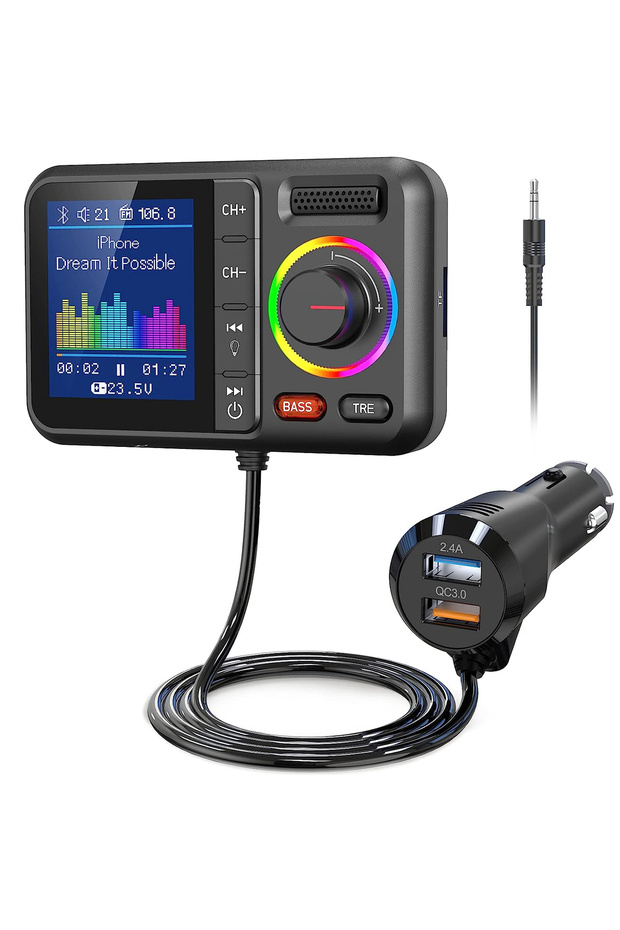 جهاز إرسال FM لاسلكي متعدد الوظائف BT98L بشاشة ملونة كبيرة 2.4 أمبير QC3.0 شحن سريع مزدوج USB
