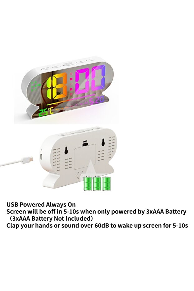 ساعة منبه رقمية تعمل بمنفذ USB مع مؤشر درجة الحرارة والتاريخ والأسبوع، منبهان، وضع ليلي، وظيفة الغفوة، ساعة طاولة بـ 3 إضاءات