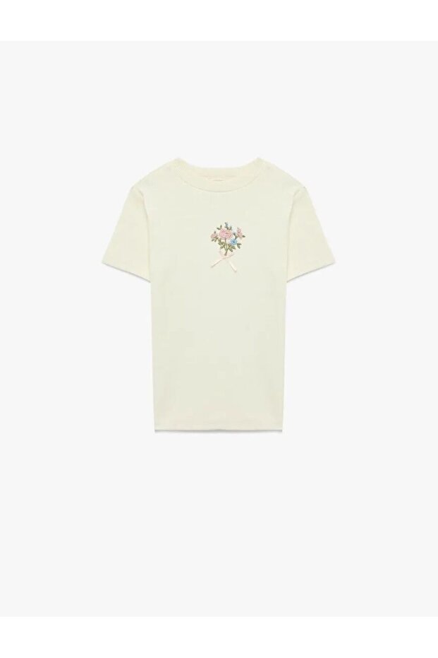 Cotton Floral Embroidery Detailed Short Sleeve Crew Neck T-Shirt