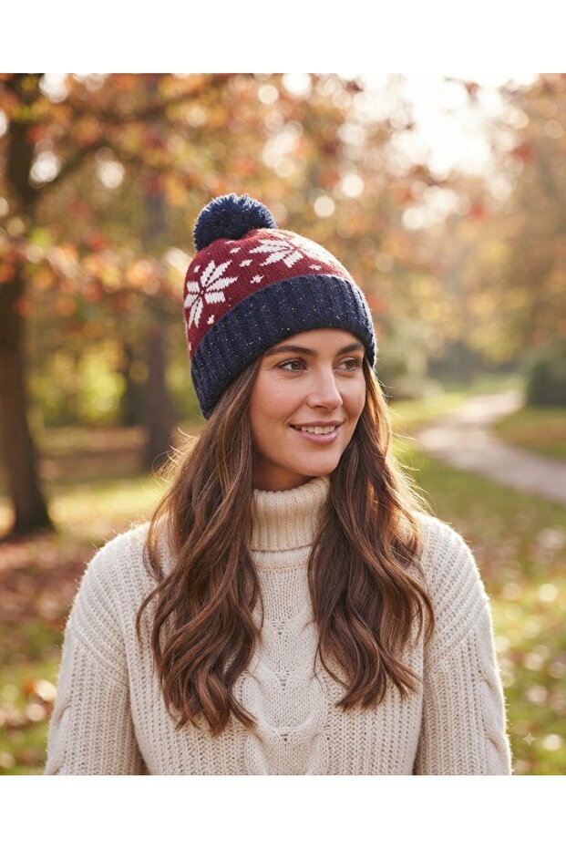 Unisex Pom-Pom Siala Beanie Fo 2678 Navy Blue - Patterned Knit, Warm and Stylish Winter Beanie